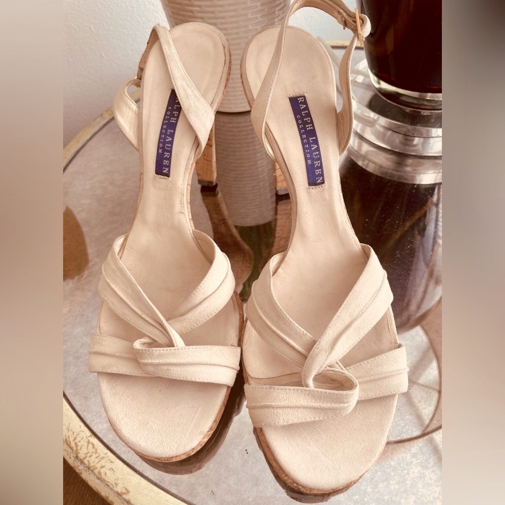 Beautiful Ralph Lauren Collection Suede Strappy Sandals w Cork Platform Heels